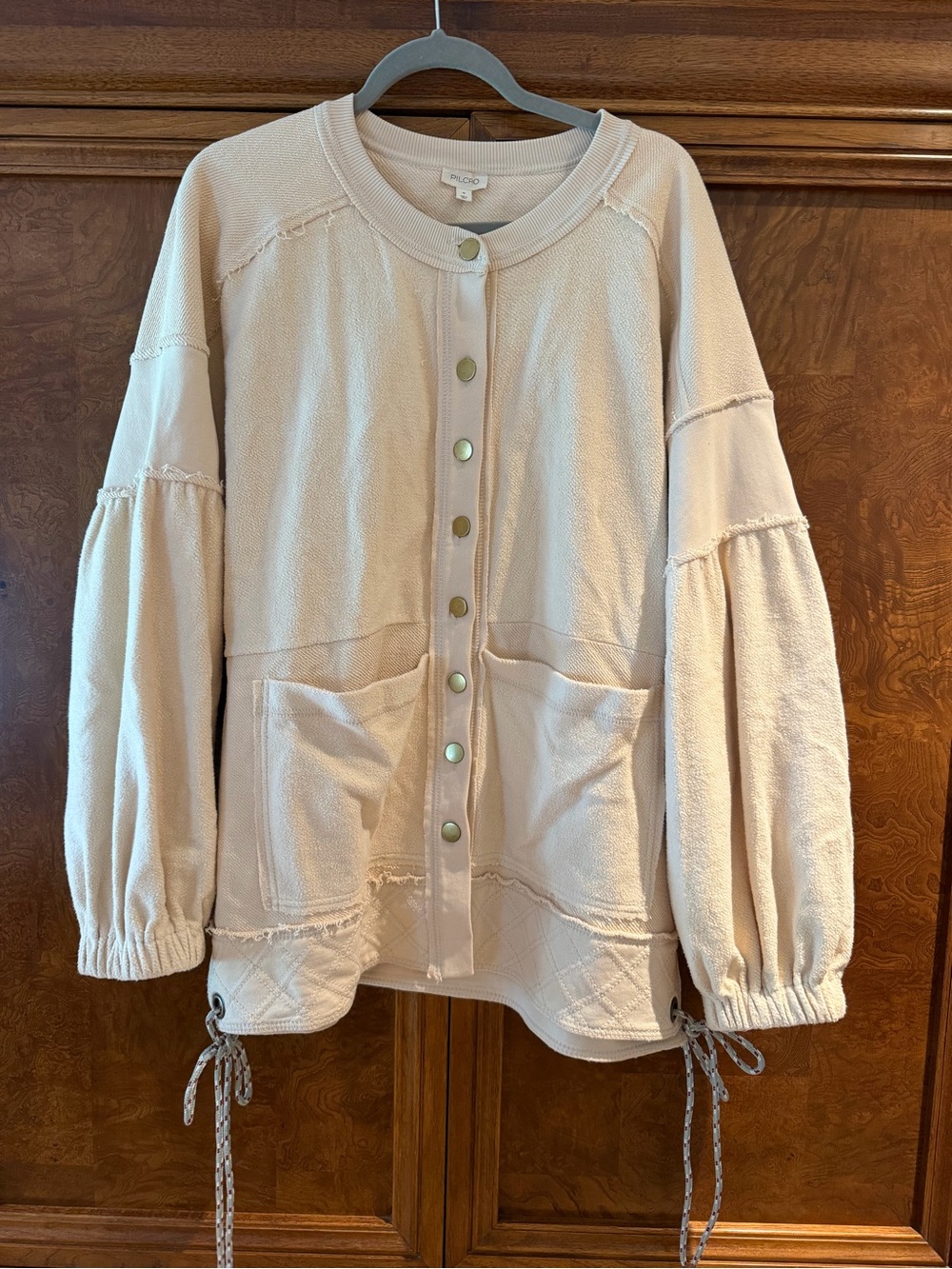 Pilcro Cream Button-Front Utility Jacket with Balloon Sleeves